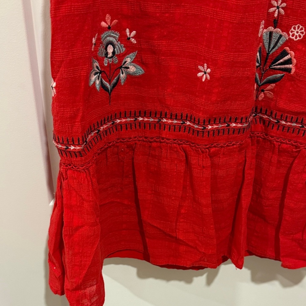 Red Embroidered Flutter-Sleeve Dress - Picture 4 of 5